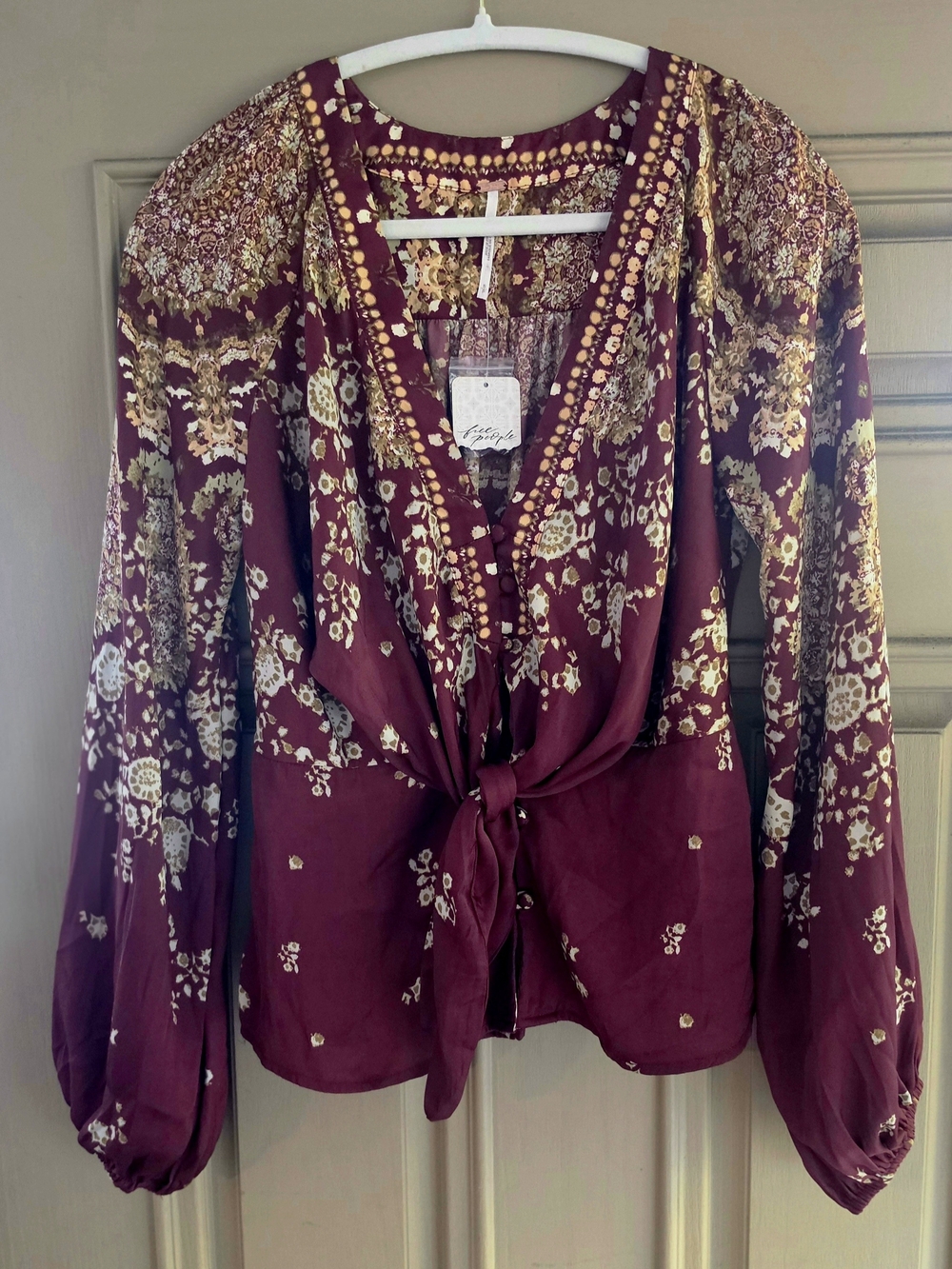 Free People Burgundy Floral Tie-Front Blouse